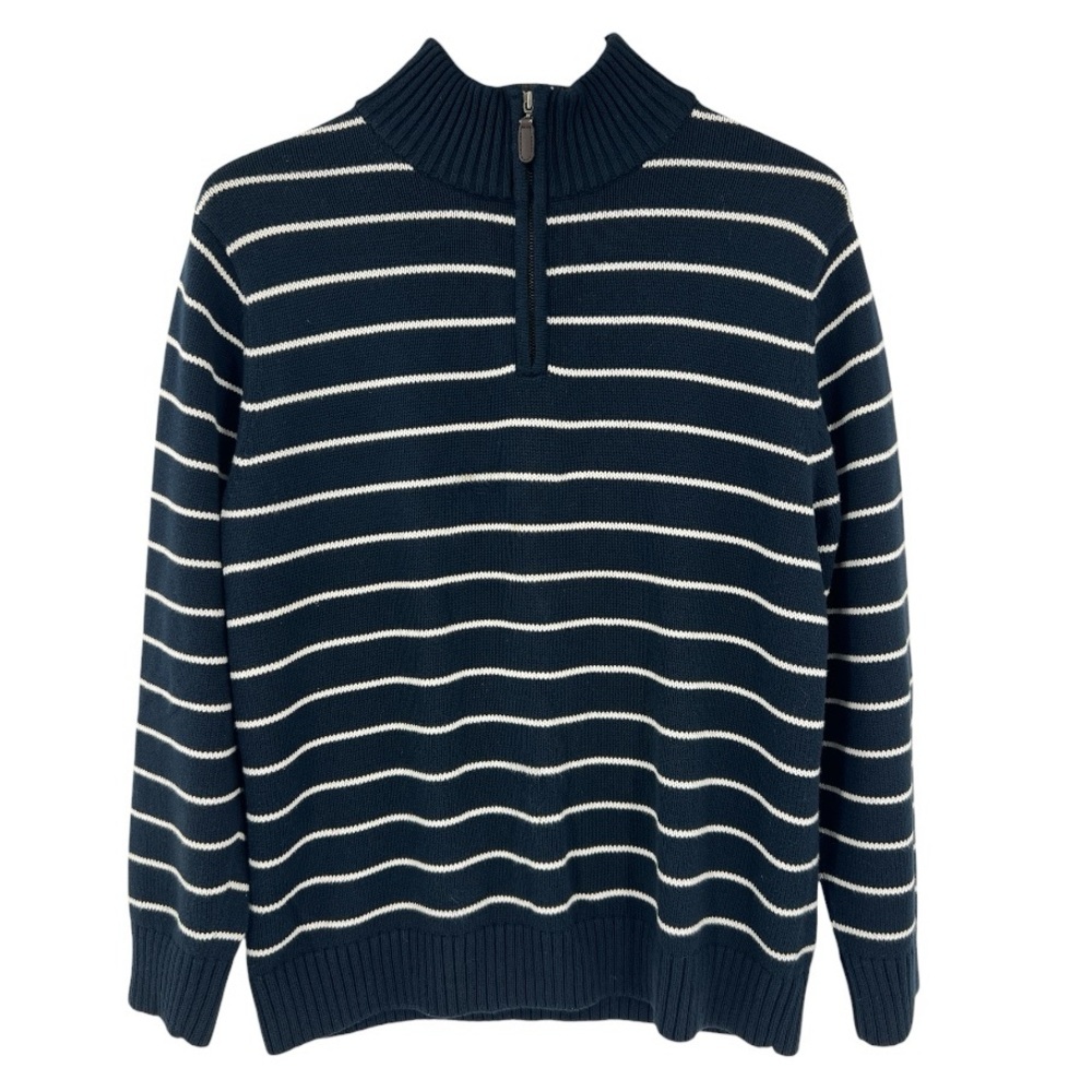 LL Bean Mens 100% Cotton 1/4 Zip Sweater Pullover Striped Blue White L